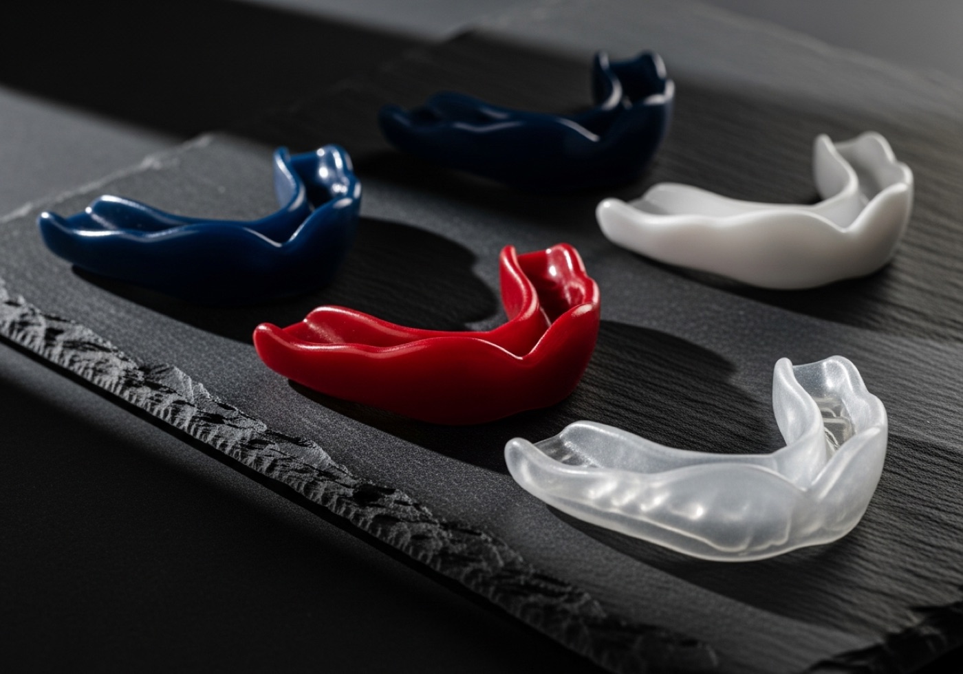 Finished custom sports mouthguards in club colours on a dark slate surface